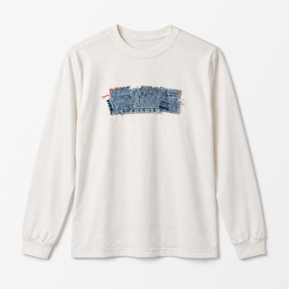 Long Sleeve Sashiko Tee — White — 物撮り 正面 — 生成画像