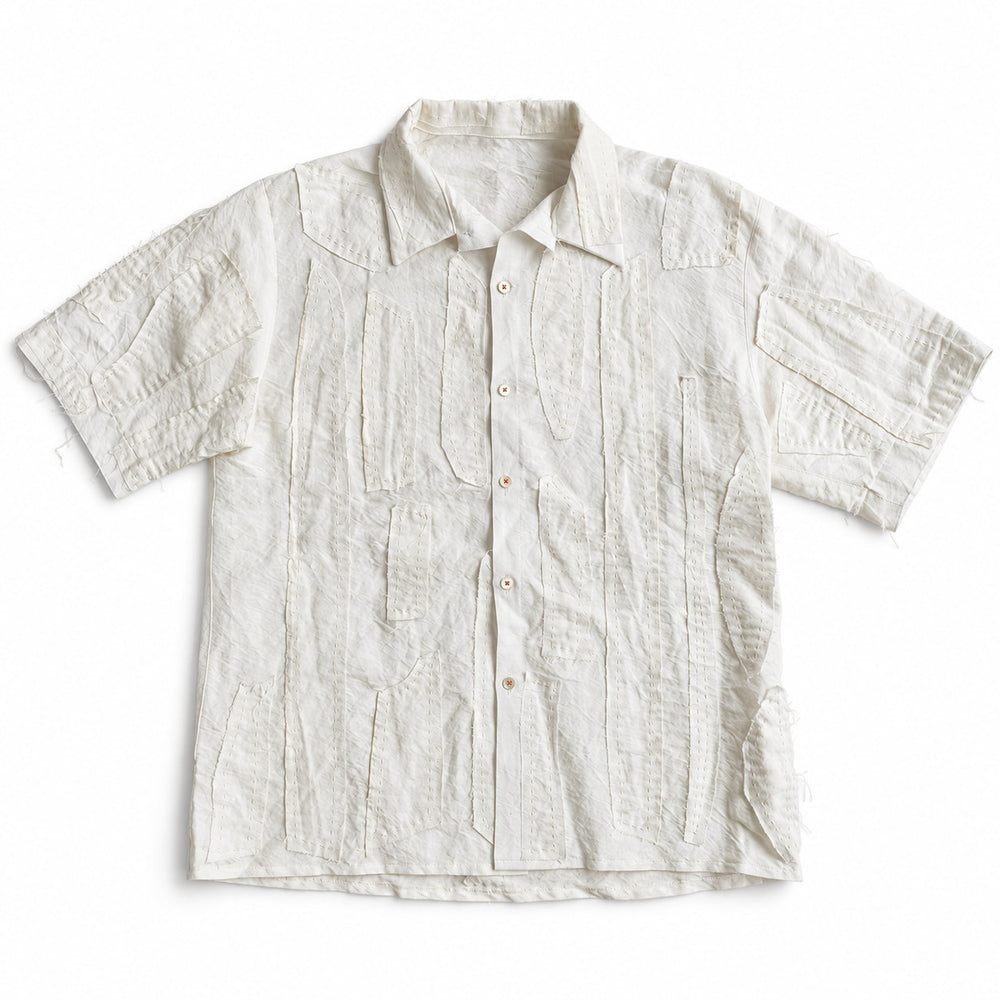 TMMY Sashiko Bamboo Linen Shirt Ivory — 半袖・正面全体